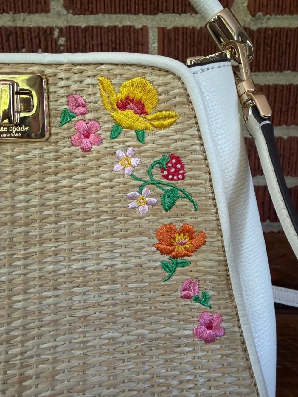Kate Spade Embroidered Flower and Strawberry Beaded Wicker Purse